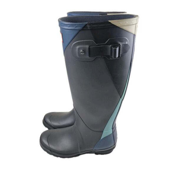 Hunter Boots 6 Navy Blue & Light Blue Matte Original Tall Rain Buckle Rubber - Picture 3 of 7